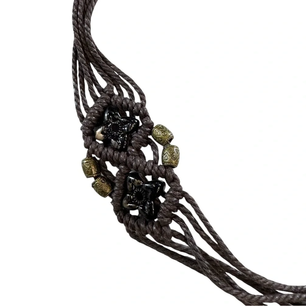 VTG Boho Macramé Belt Beaded Brown Tassel Tie Hippie Festival Artisan Style 33”